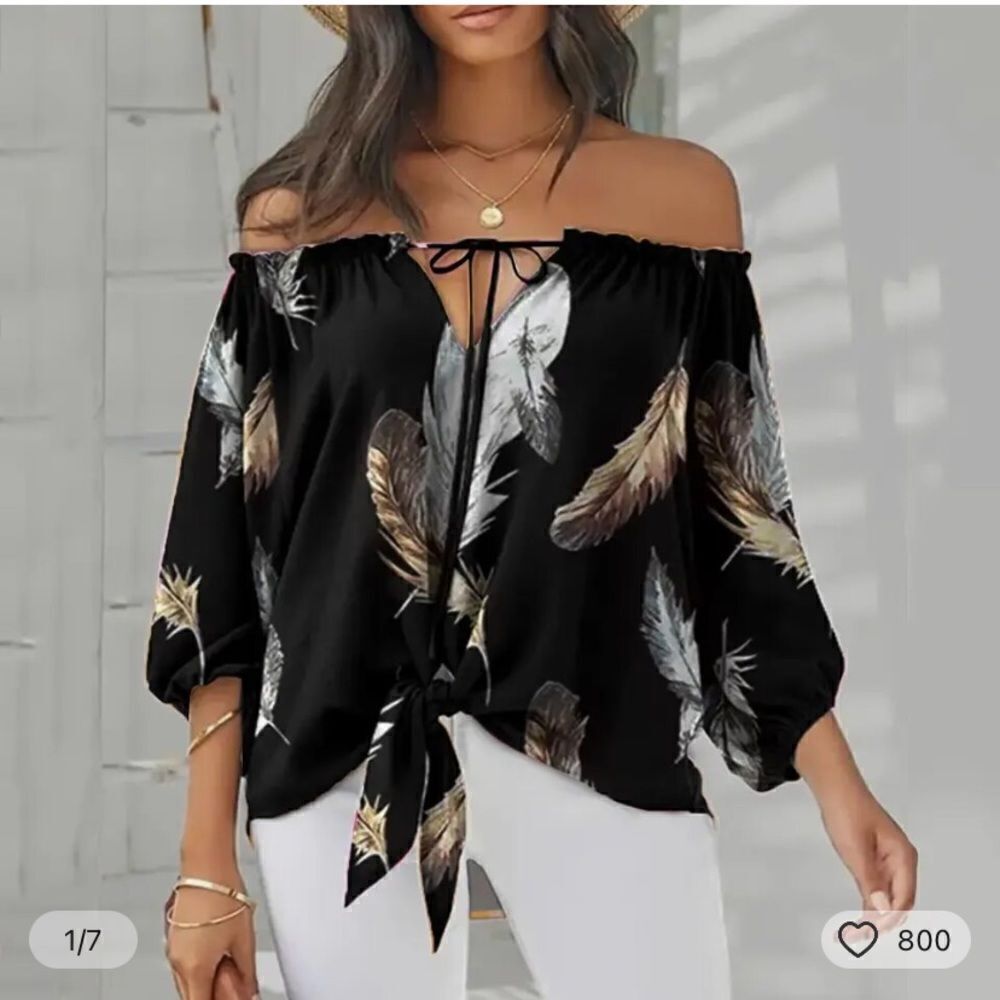 CLEARANCE ☀️ Black Off Shoulder Feather Print Tie Detail Top S - Picture 3 of 9